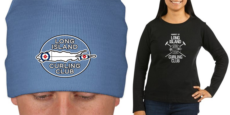 Long Island Curling Club merchandise including shirts and a broom